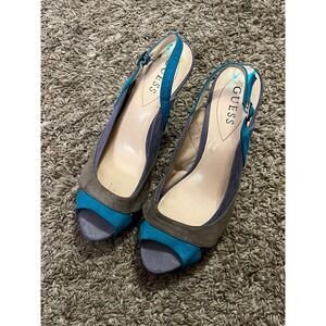 Guess Women's Platform Heels Dress Shoes Cork Suede Multi-color Very Good‎ Sz 8